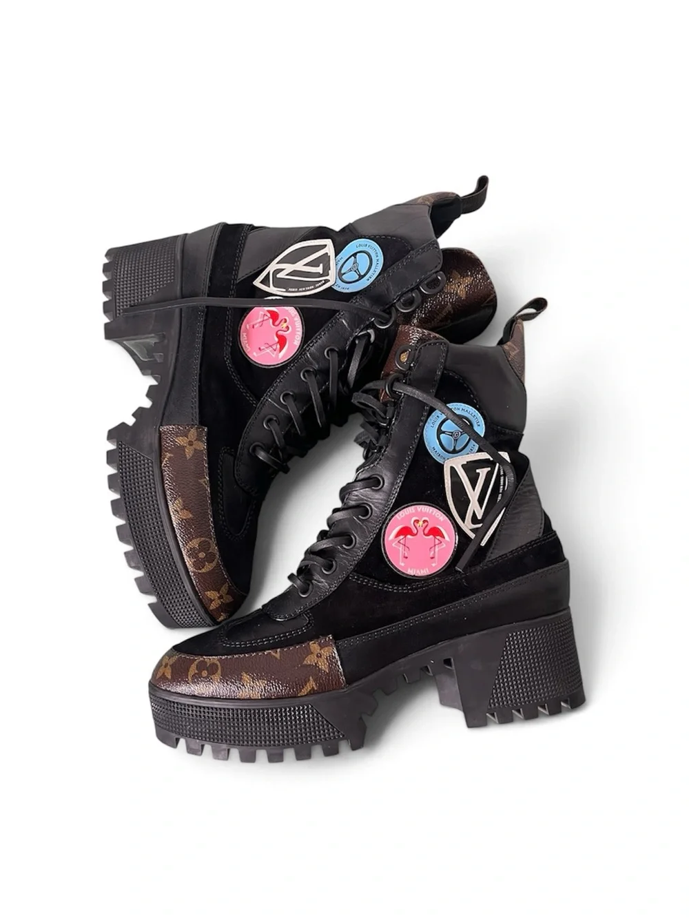Louis Vuitton Black Leather & Brown Monogram Lace-Up Combat Boots